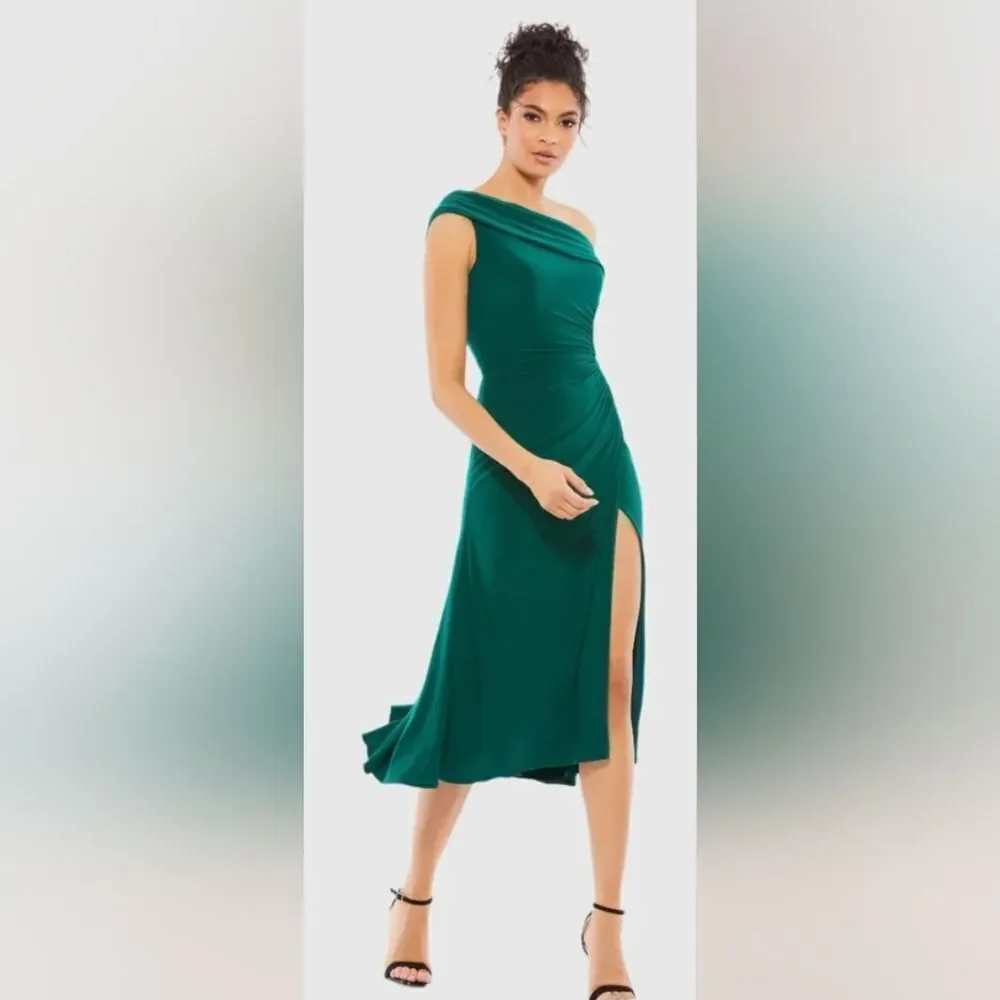 Mac Duggal 26484 Ruched Off-The-Shoulder Midi Dress NWOT size 10 Emerald Green